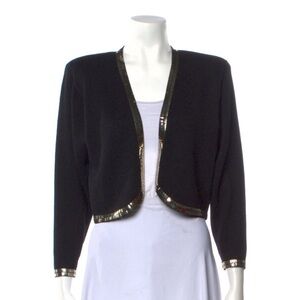 Vintage 80's ST JOHN Marie Black Open Cropped Cardigan with Metallic trim